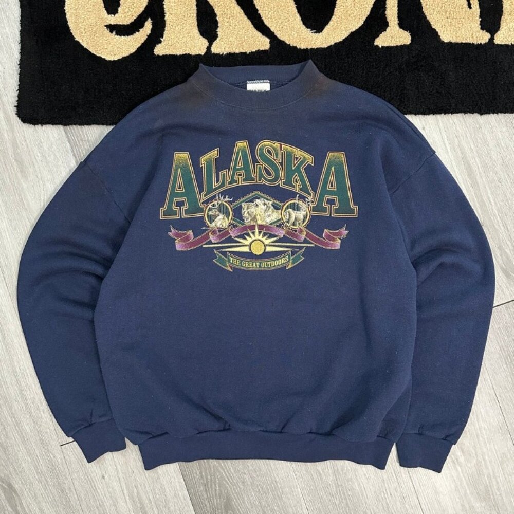 Vintage Tultex Alaska Outdoors Stained Men's Navy Blue Crewneck Sweatshirt Large
